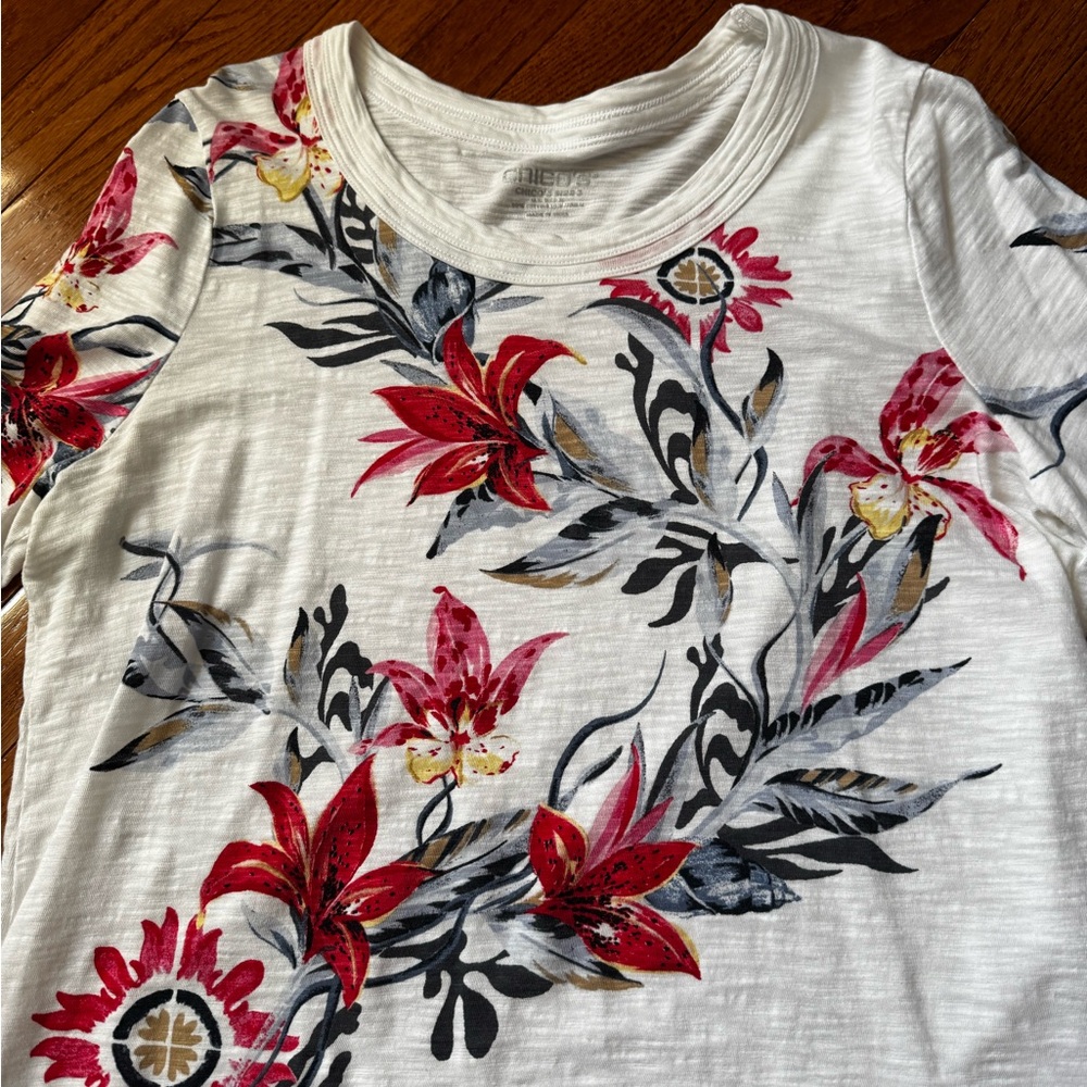 Chico's White Short Sleeve Tee with Red Floral Print - Picture 2 of 3